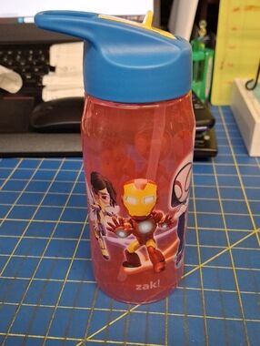 Kids Red Superhero Water 7" Bottle  Blue & Yellow Flip Lid New